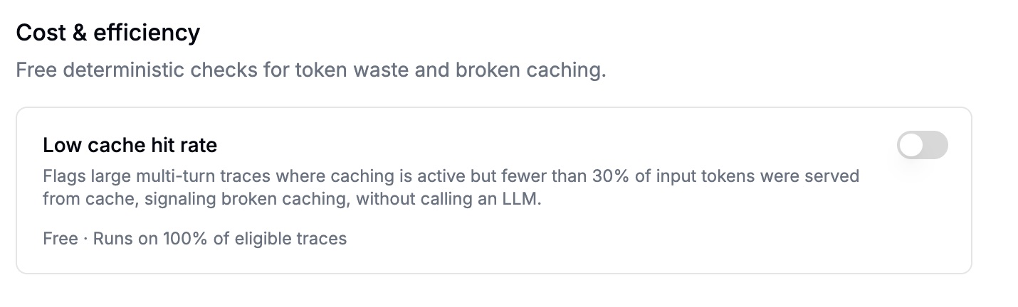 Latitude flaggers settings, Cost and efficiency group: a single deterministic Low cache hit rate check that flags large multi-turn traces where under 30% of input tokens came from cache, marked Free and running on 100% of eligible traces.