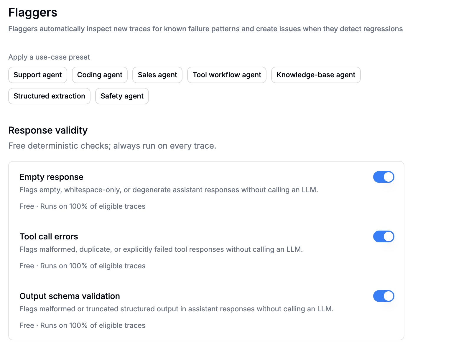 Latitude flaggers settings: use-case presets at the top, then a Response validity group of deterministic checks (Empty response, Tool call errors, Output schema validation), each marked Free and running on 100% of eligible traces.