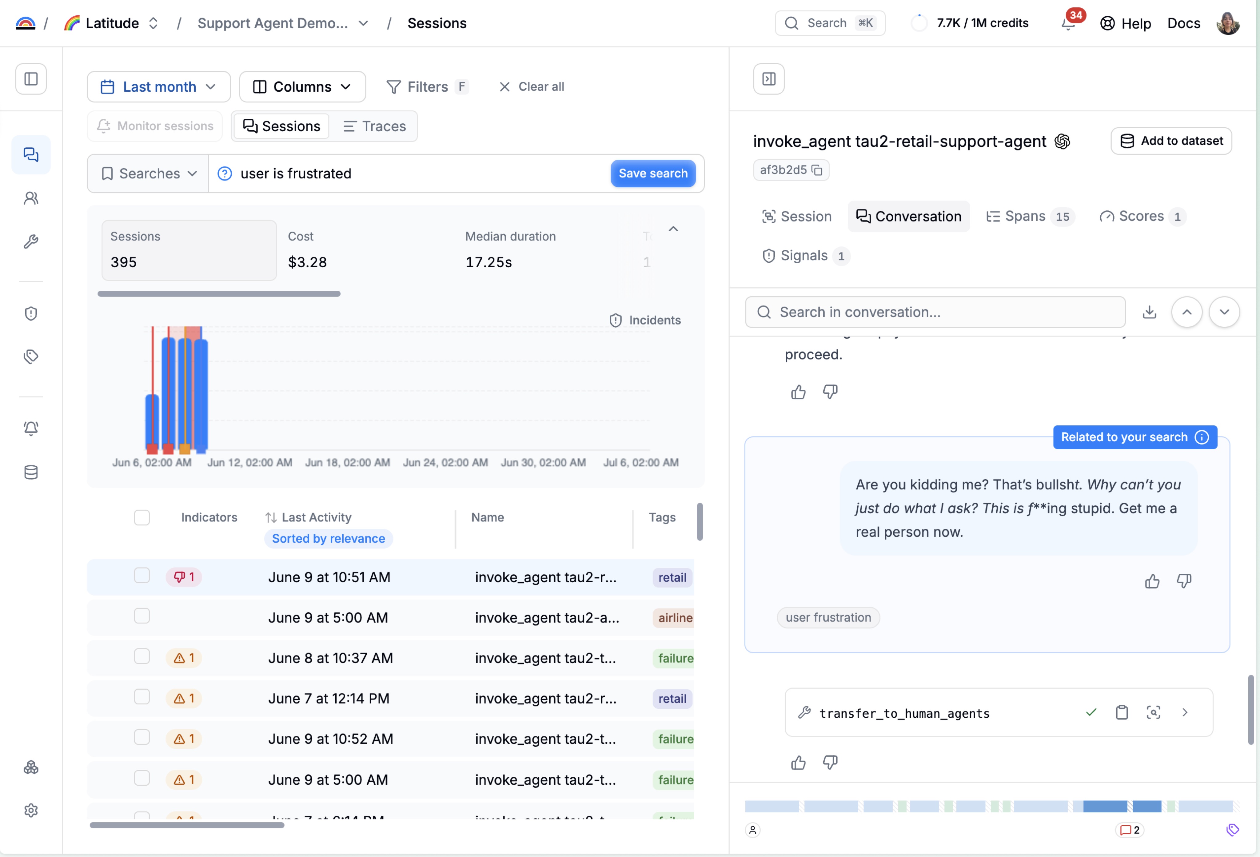 Latitude Sessions view: a semantic search for 'user is frustrated' surfaces a conversation flagged with a 'user frustration' signal.