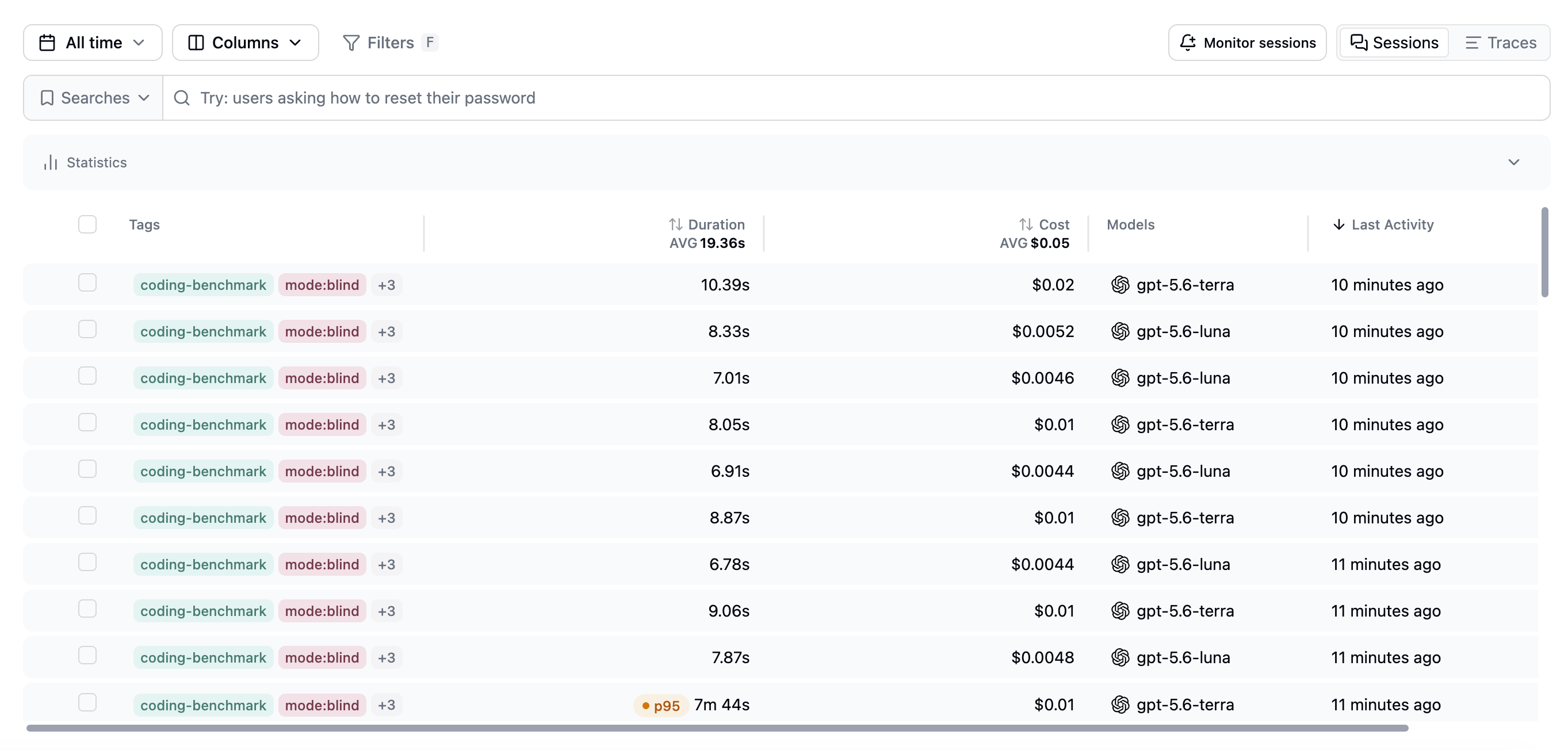 Latitude sessions list of benchmark runs tagged coding-benchmark and mode:blind, with duration, cost, and model columns