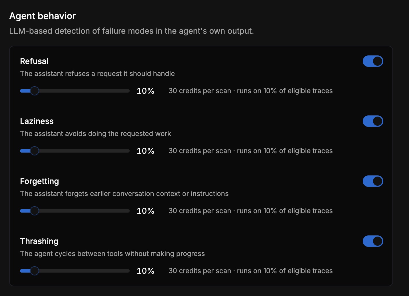 A flagger configuration panel labeled “Agent behavior: LLM-based detection of failure modes in the agent’s own output,” showing a Refusal flagger toggled on and set to sample 10% of eligible traces at 30 credits per scan, alongside related Laziness, Forgetting, and Thrashing flaggers.